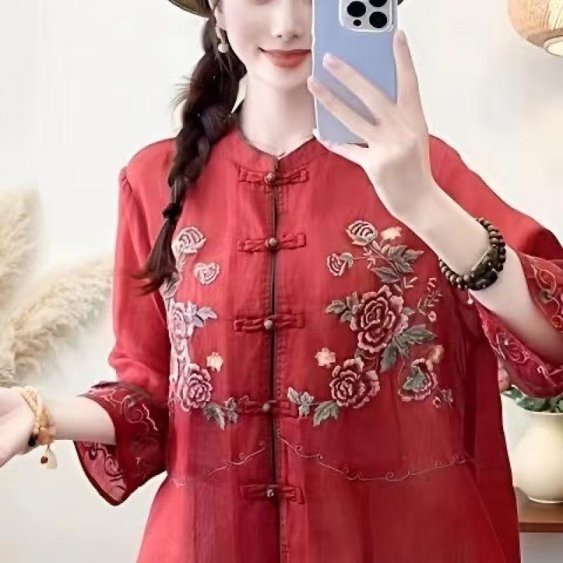 Female Summer Embroidered Lightweight Shirt: Boho-Chic, Retro, Ethnic-Style, Stand-Up Collar, Double-Breasted Blouse