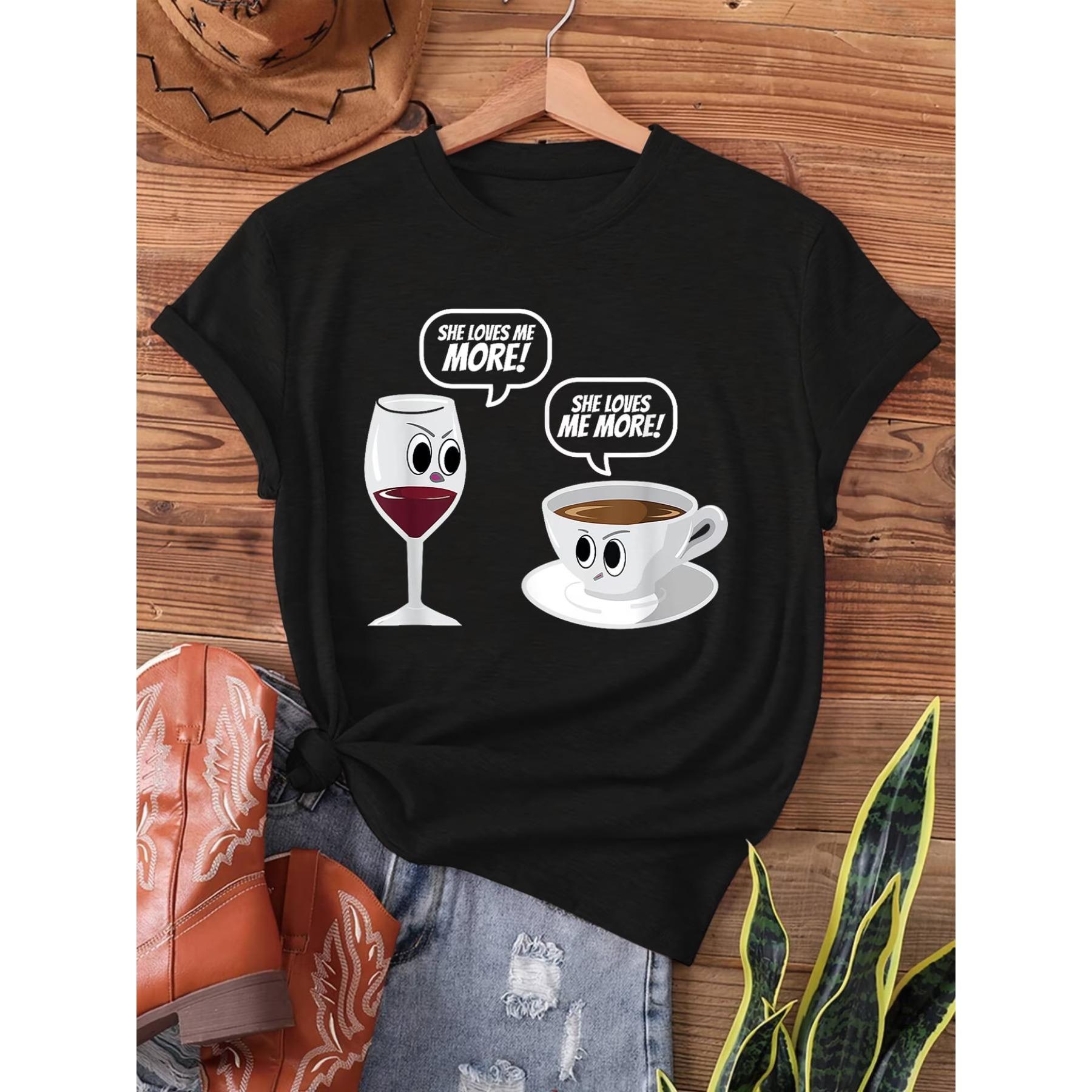 

Y-Cartoon Red Wine and Coffee Dialogue Print T-Shirt, Short-Sleeved Crew Neck Casual Top for Summer and Spring, Women S Apparel S чёрный