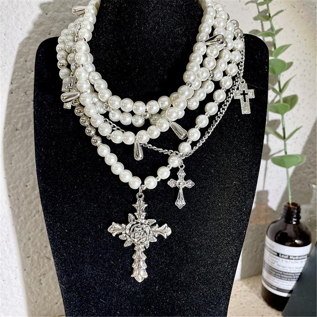 Elegant Silver Crosses Necklace Pendant with Stylish Pearls Accessory for Trendy Women Ladies Daily Use Casual Wear