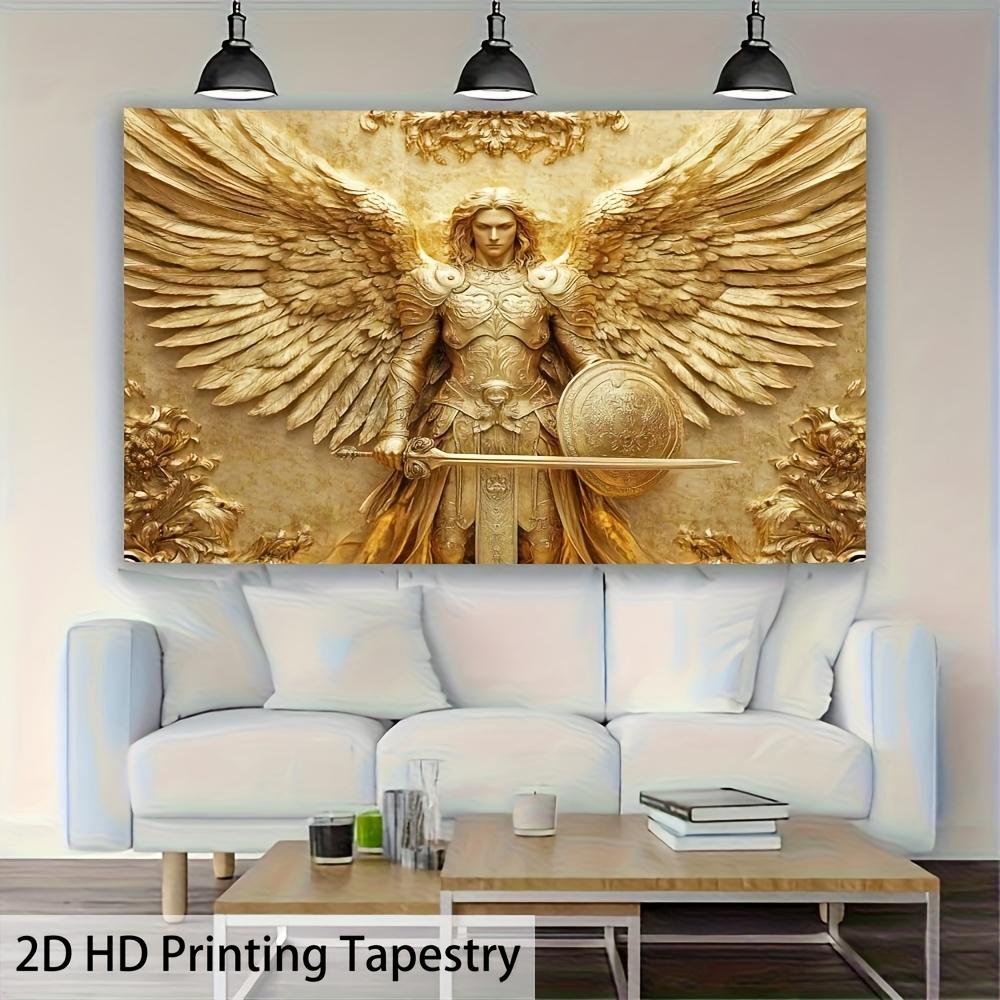 Golden Angel Tapestry, Armored Archangel with Sword and Shield, Majestic Religious Wall Art for Living Room Bedroom Decor