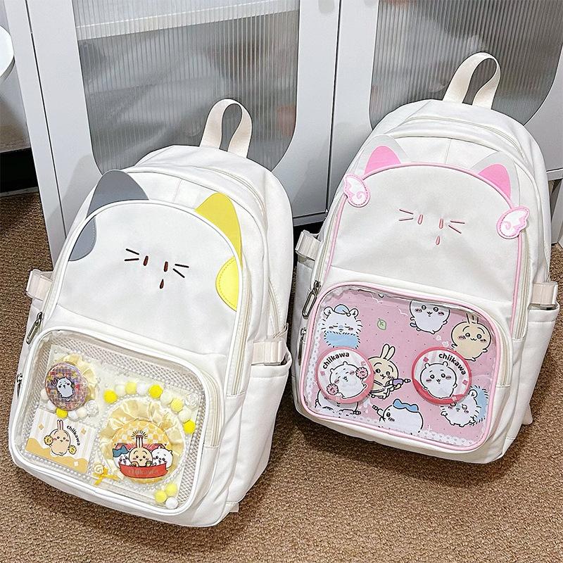 Large-capacity Schoolbag, Female Junior High School Student Kitten Backpack, Student Japanese Pain Bag Ins Wind Transparent Backpack Tide