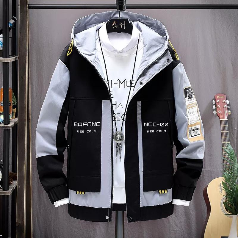 Spring Autumn Plus Size Men's Jacket Hooded Windbreaker Coats Fashion Letter Printed Patchwork Outwear Casual Jackets