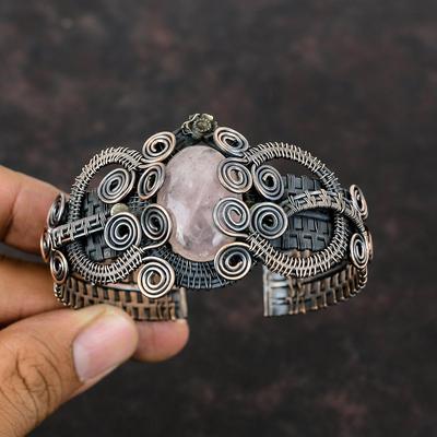 Pulsera de cuarzo rosa con piedras preciosas envueltas en alambre de cobre, brazalete ajustable, joyería de cobre hecha a mano, regalo para él, brazalete nuevo