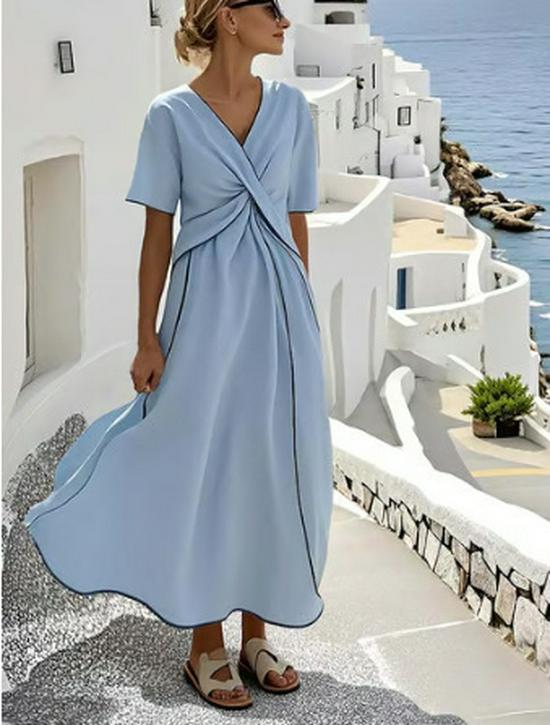 New European & American Summer V-neck Women's Ruffle Swing Dress