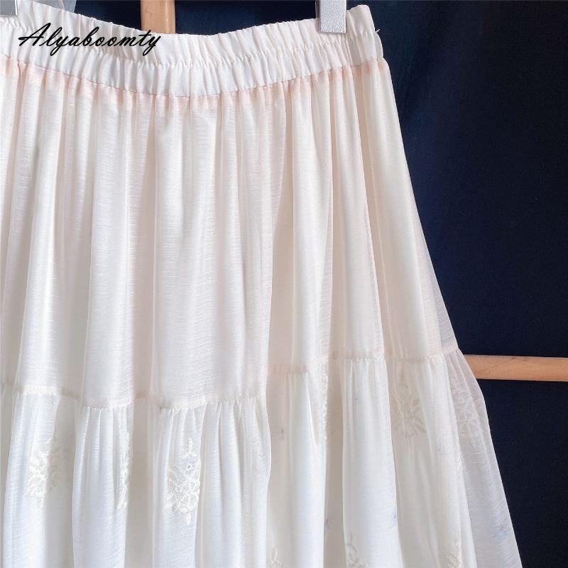 Spring Summer Women Maxi Long Skirt High Waist Delicate Floral Embroidery Classical Skirt Vintage Elegant Hollow Out Ladies' A-Line Skirt