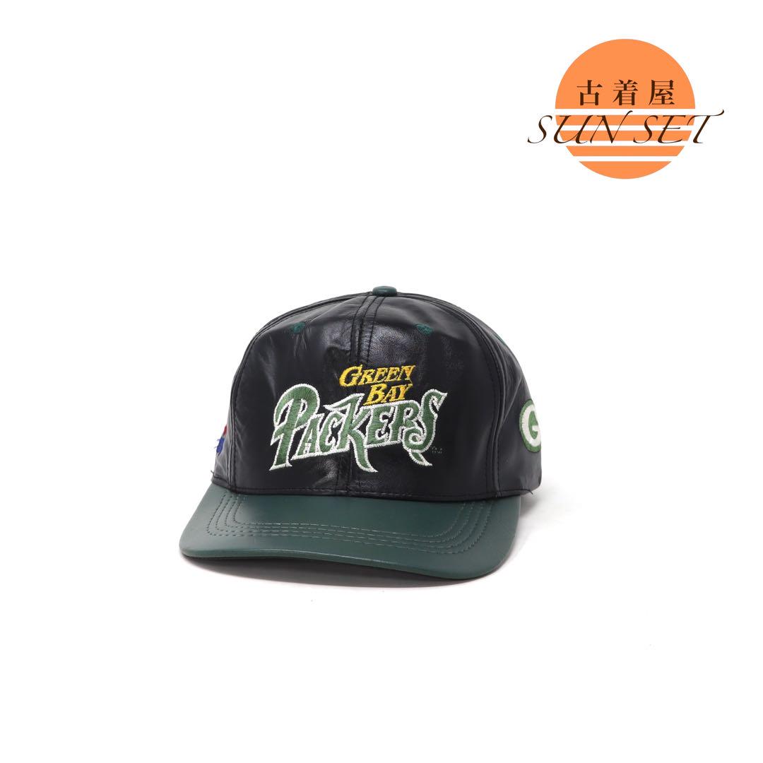 

[USED] Vintage 80s Packers Leather Cap, Made in the USA, NFL, Genuine Leather, Black, Rare