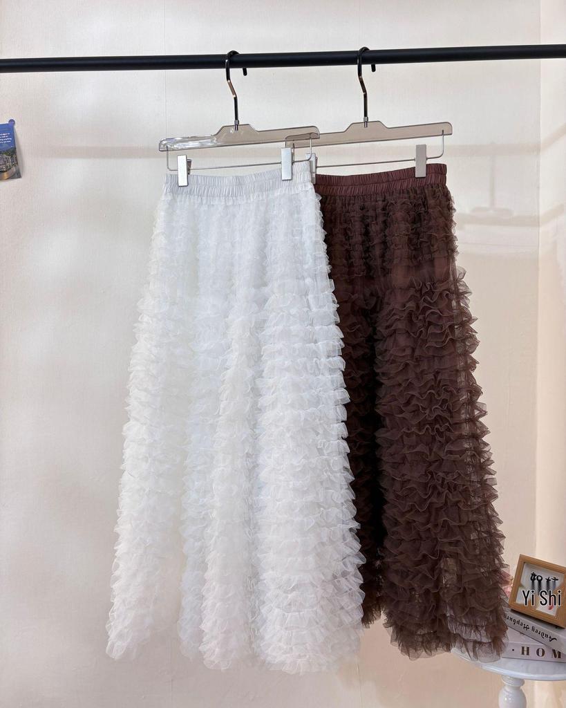 Sweet Apricot Embroidered Mesh Ruffle Midi Skirt - Fluffy, Layered and Versatile for Autumn/Winter