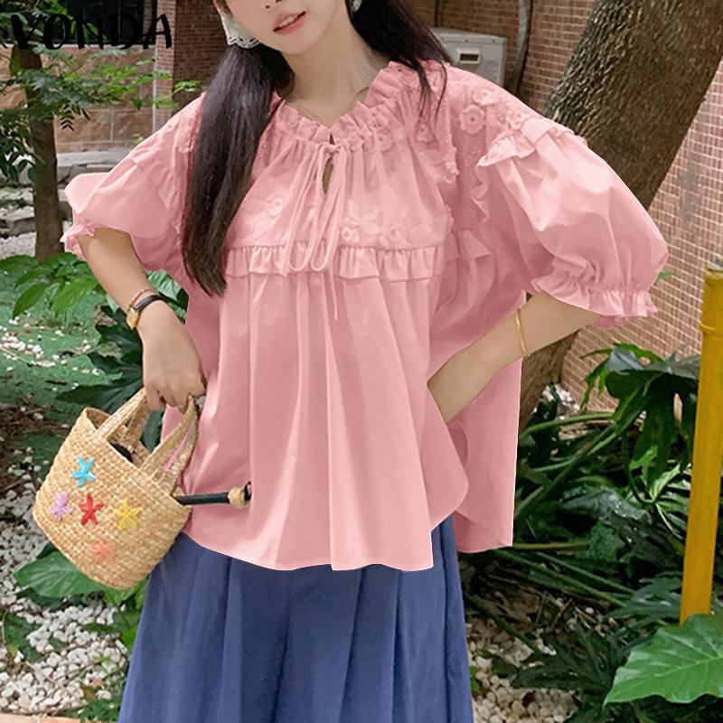 

VONDA Summer Women Ruffled Tie Up Puff Half Sleeve Lace Embroidery Patchwork Casual Blouse 4XL розовый