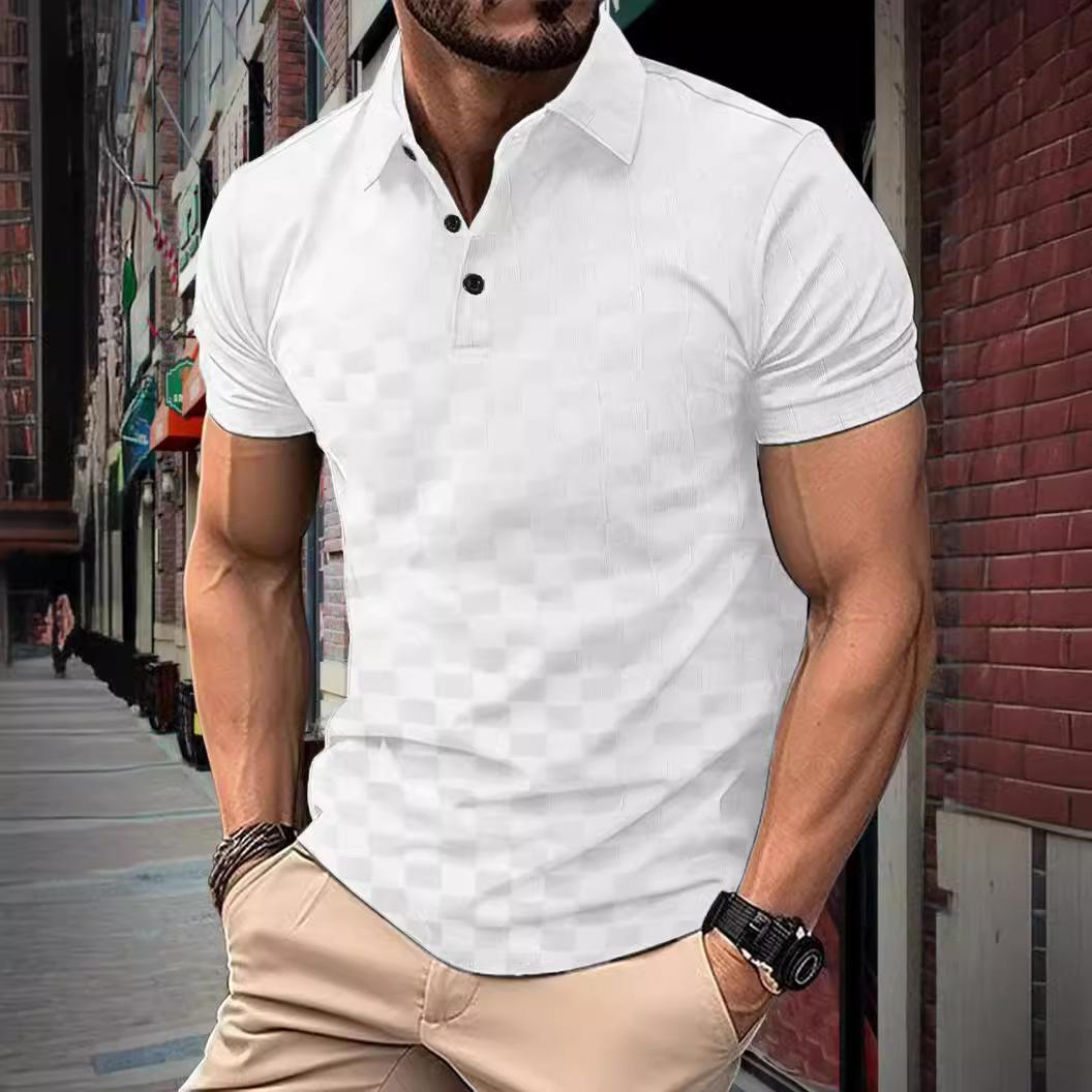 

2026 Summer Men s Ice Silk POLO Shirt Jacquard Check T-shirt Men s Fashion Casual Short Sleeve T-shirt Men s Tops L белый