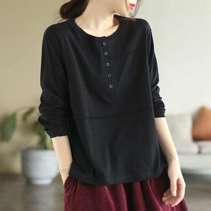 Artistic Retro Spring Autumn Long Sleeved T-shirt for Women Casual Slimming Patchwork Button Down Bottom Shirt Top