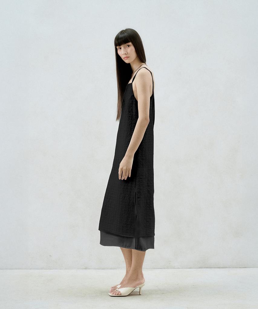Rie Checked-Chiffon Layered Midi Dress Black