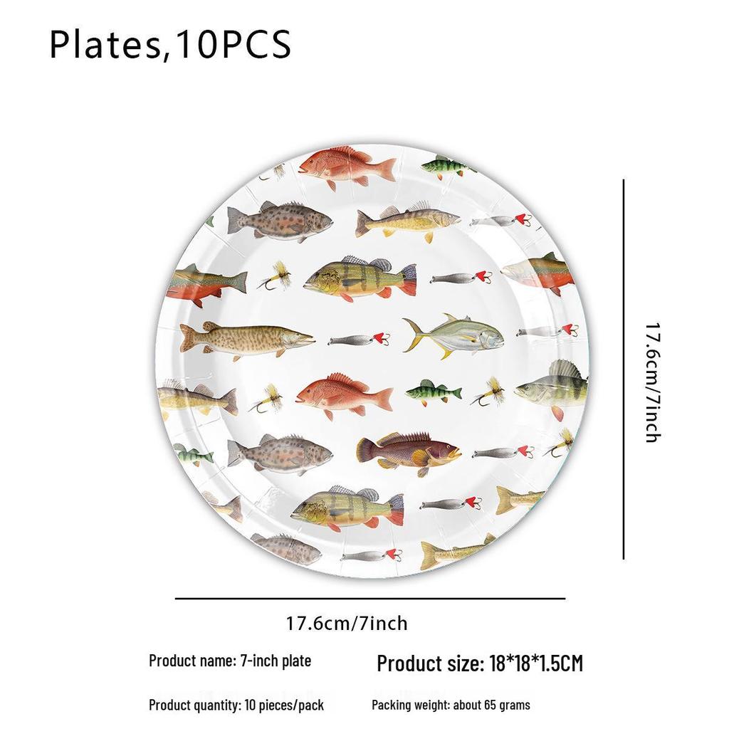 Cross-border Fishing Theme Party Supplies: Paper Plates, Flags, Napkins, and Creative Decorations Set