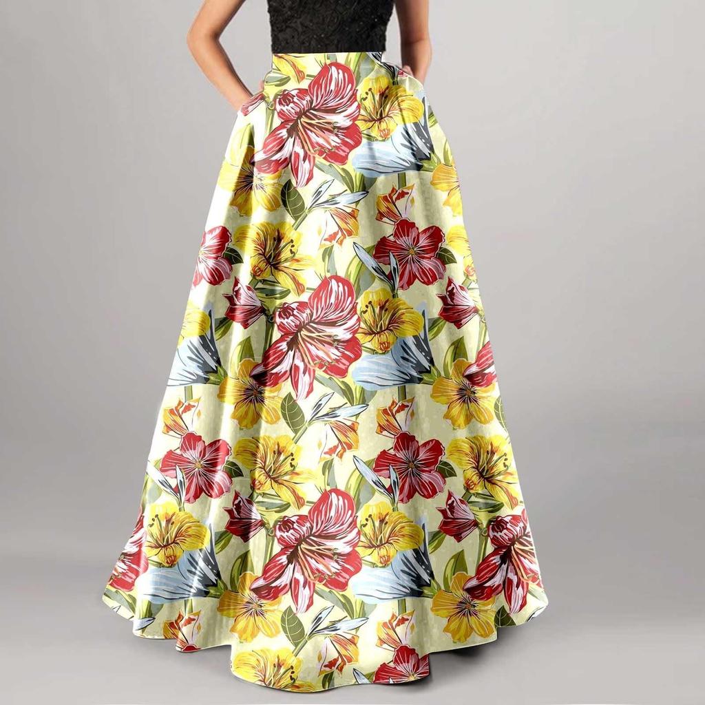 Women's Fashion Floral Print Loose Half Skirt High Waist Beach Extra Long Dress