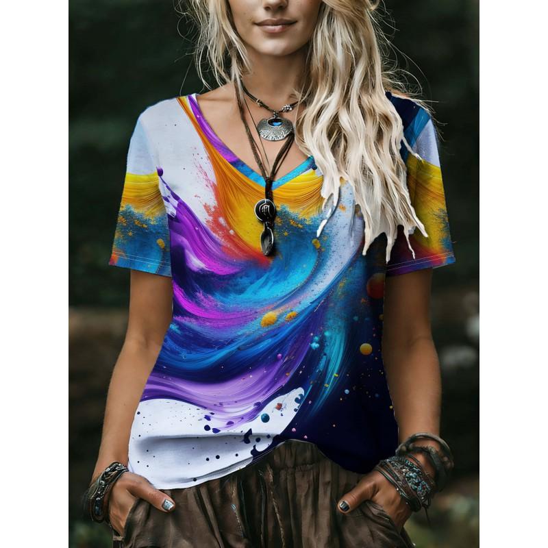 Womens V-Neck Short Sleeve Loose Fit T-Shirt With Floral Lake Scene Cartoon Bun Girl Print 2025 Casual Top