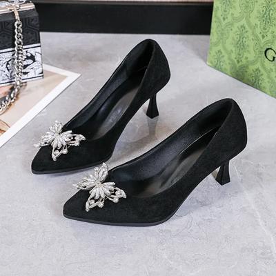 Fashion Solid Color Simple Black Heels Women 2024 Sexy Pointed Toe Women's Pumps Luxurious Butterfly Rhinestone Wedding Shoes Bride