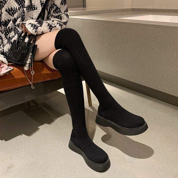 Damen 2025 Schwarze Overknee-Stiefel mit dicker Sohle, schlank, gestrickt, Stretch