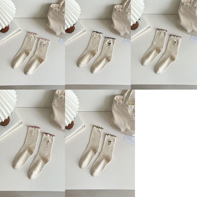 Women s Korean Style Dotted Bowknot Mid-Calf Socks