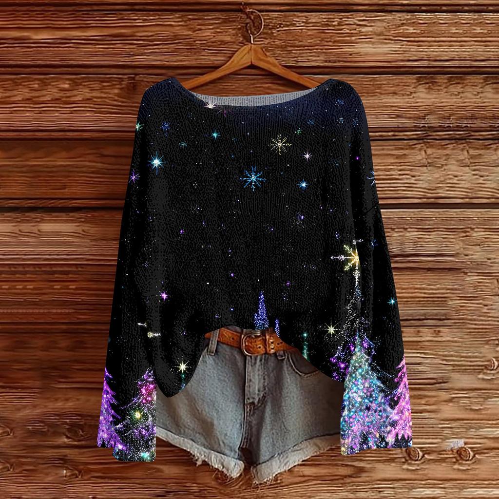 Women's Round Neck Lightweight Sweater Casual Long Sleeve Christmas Print Knit Pullover.