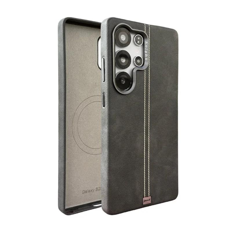 

Vintage Leather for Magsafe Phone Case for Samsung Galaxy S25 S24 S23 Ultra Plus Wireless Charging Metal Frame Shockproof Cover Galaxy S24 Ultra сірий