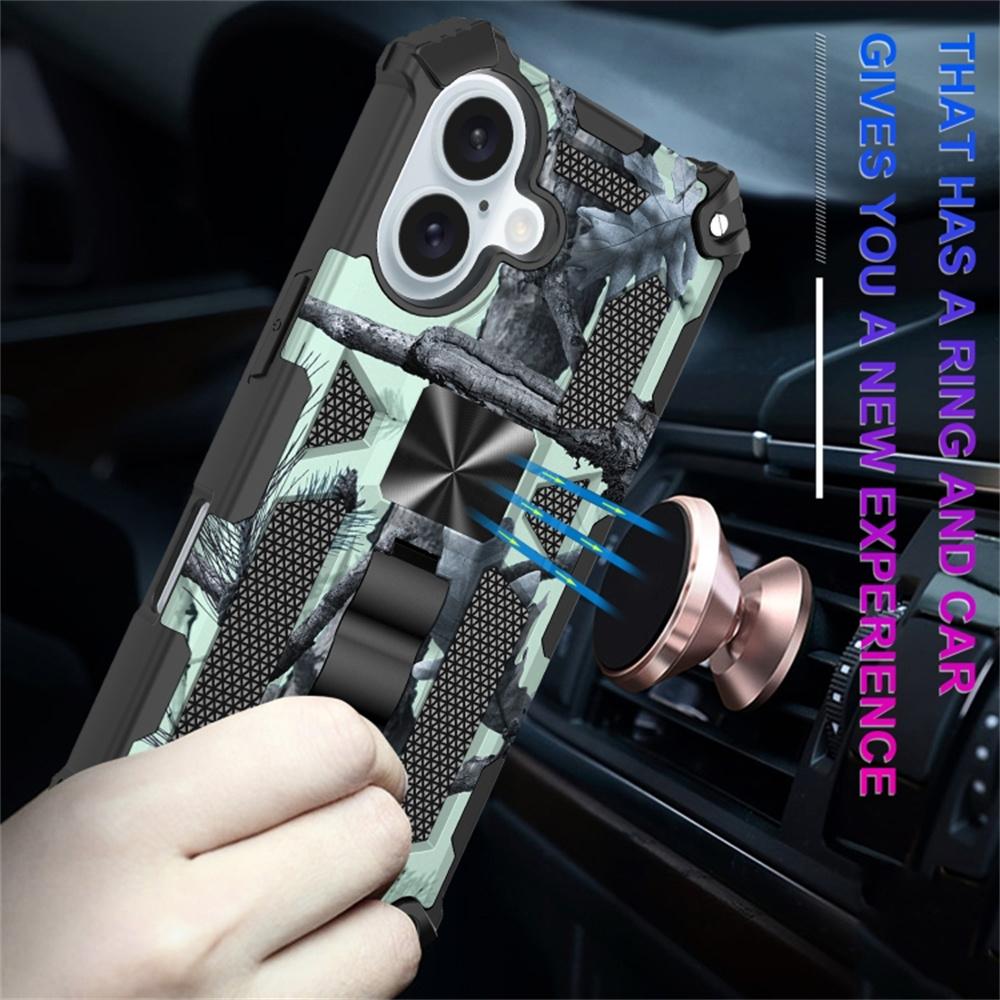 For iPhone 16 Case Kickstand Camouflage Anti-Drop TPU+PC Phone Cover