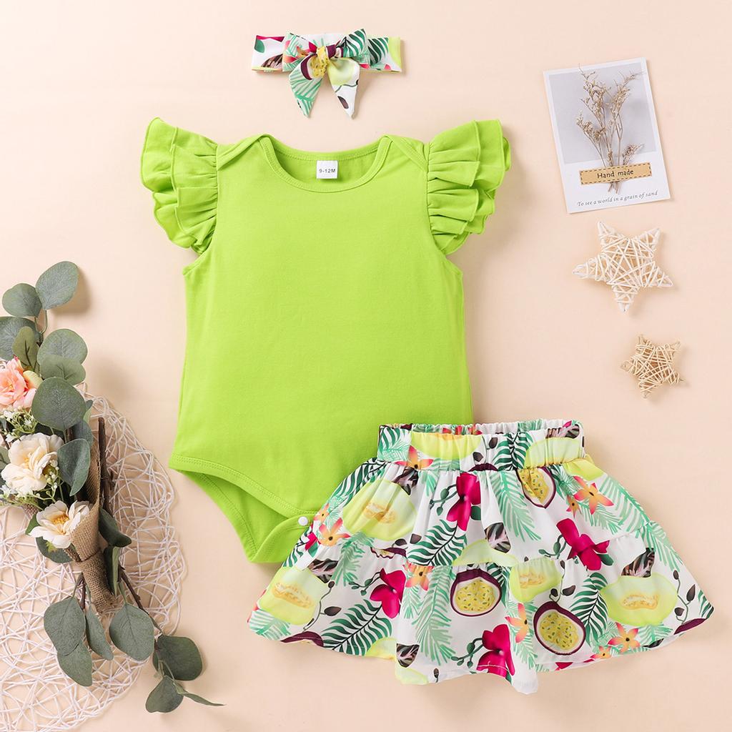 Newborn Infant Baby Girls Fly Sleeve Romper Floral Skirt Hairband Outfits Sets