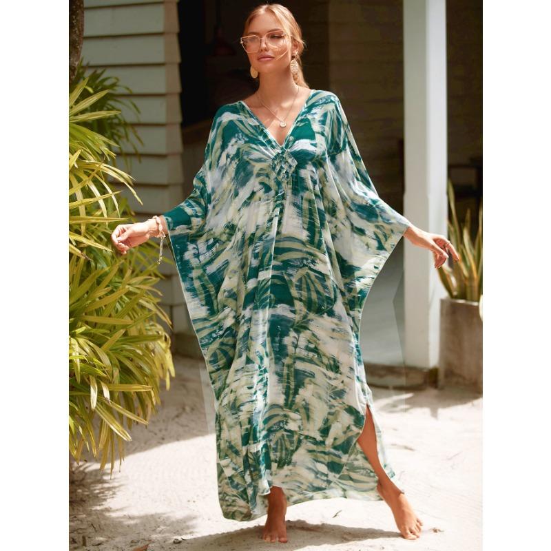 Damen Kleid Bedrucktes Strandkleid Lockeres Übergröße Urlaubs-Bikini-Oberhemd