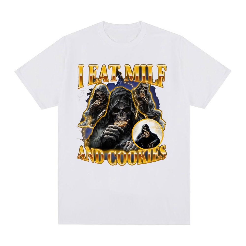 I Eat Milf and Cookies Skeleton Fun Meme Pattern Tshirt New Hot Selling Mens Womens Casual Cotton Fashion Tshirt Top
