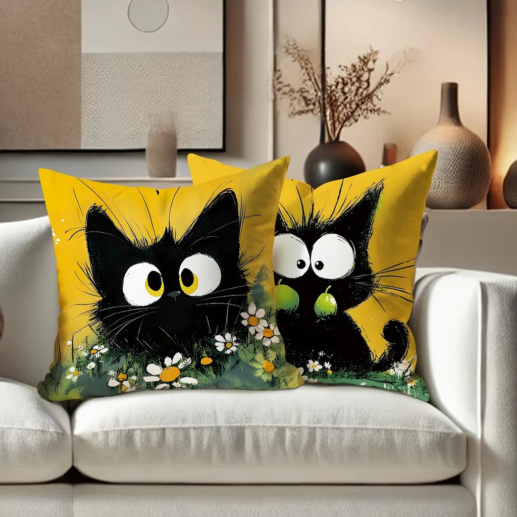 Set Of 4 Contemporary Black Cat Plush Print Throw Pillow Covers, Machine Washable, Zippered, Inserts Not Included