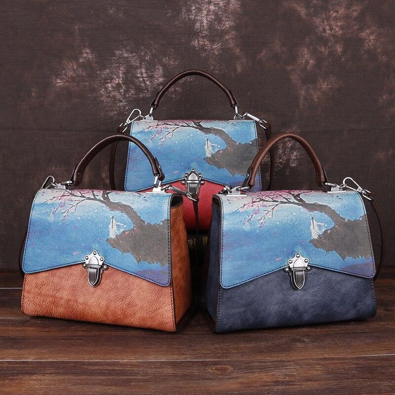 Johnature Vintage Genuine Leather Landscape Print Flap Bags For Women Retro Handbag Cowhide Shoulder & Crossbody Bags