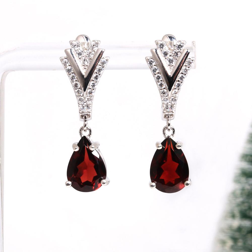 Love and hope natural Mozambique garnet V-shaped design silver Ring Earrings set light luxury jewelry for women