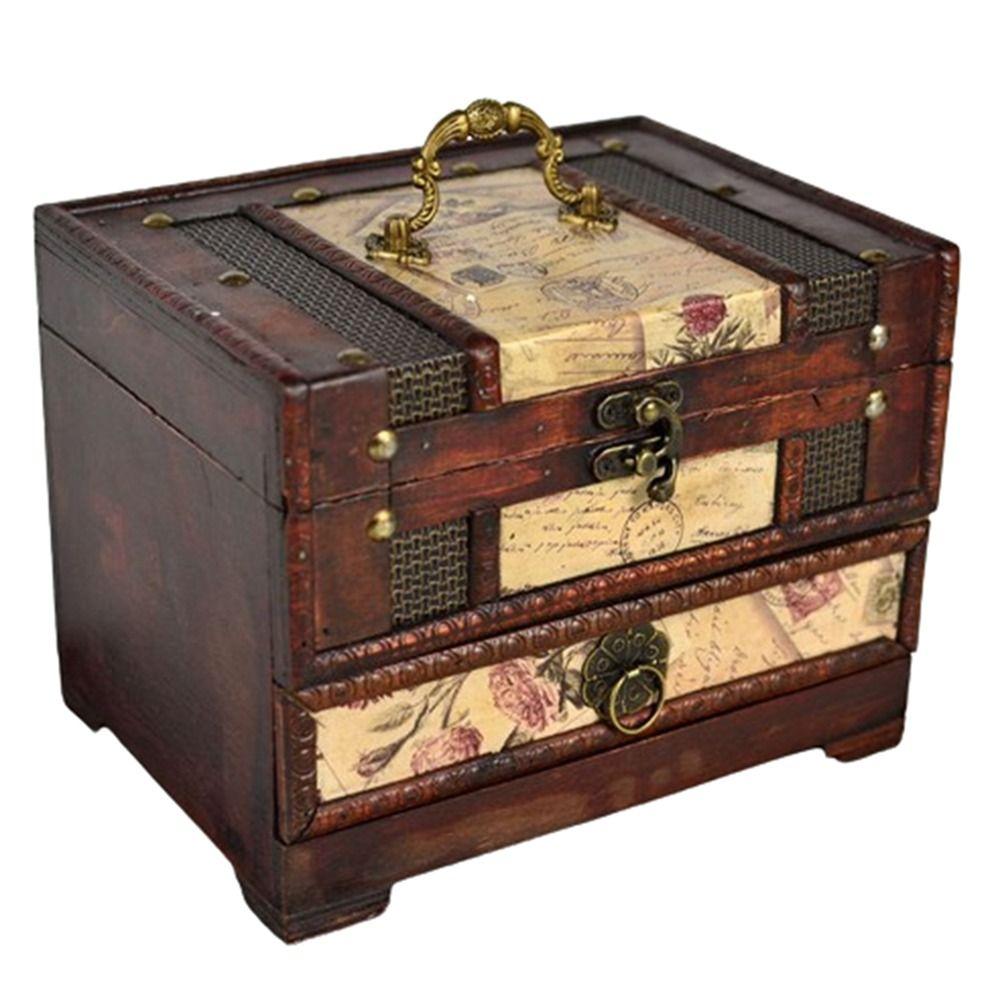 Intricate Carved Retro Distressed Storage Box Creative Dressing Box Wooden Treasure Box  Rings
