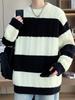 Autumn Winter Men's Striped Color Block Round Neck Pullover, Casual Japanese Retro Hong Kong Style Knitwear.