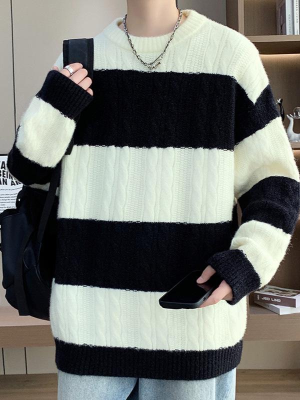 Autumn Winter Men's Striped Color Block Round Neck Pullover, Casual Japanese Retro Hong Kong Style Knitwear.