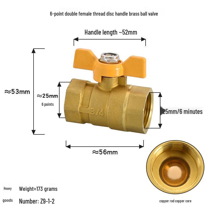 Brass Ball Valve with Copper Core: Male/Female, Double Female, 1/2", 3/4", 1" Sizes, for Water and Gas Pipes.