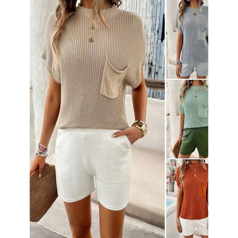 

round Neck Pocket Solid Color Slim Fit Top round Neck Pocket Thread Suit Female green S