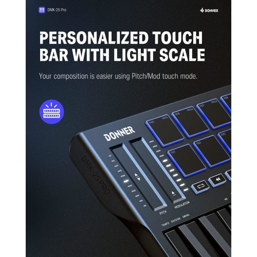 Donner DMK-25 PRO USB MIDI Keyboard Controller, 25 Keys, Velocity Sensitive, Touch Sliders, OLED Screen, Backlit Pads, Music Production, Mac/PC Compat