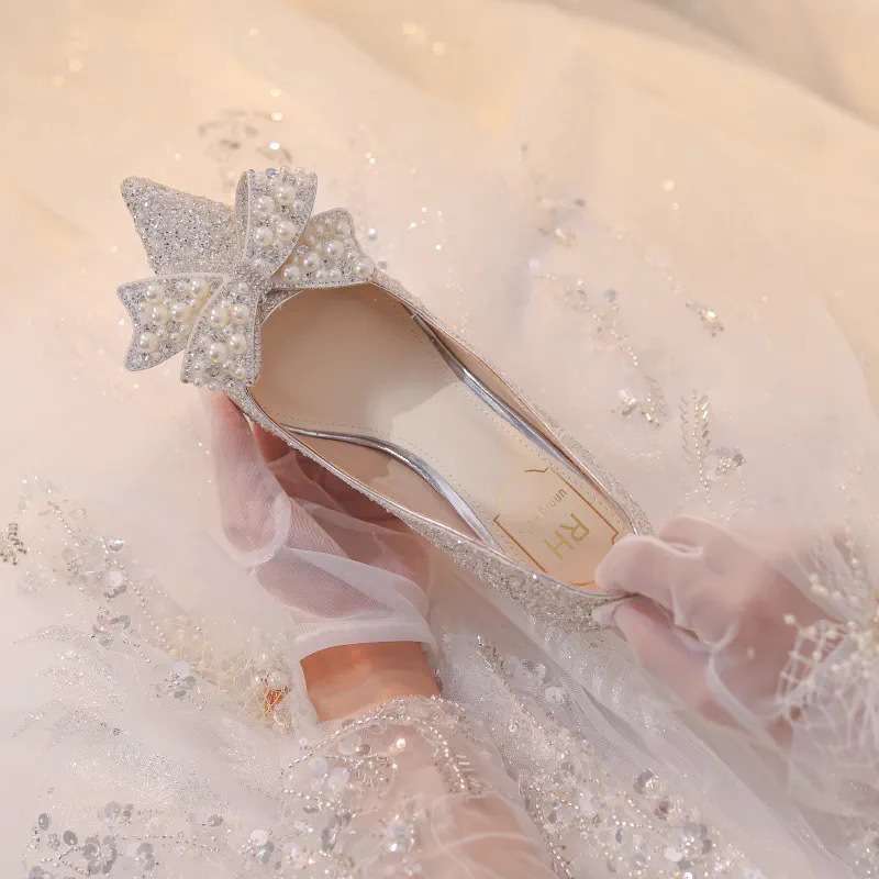 Silver-white Bridal Shoes Main Wedding Dress Xiuhe Crystal Shoes Bridal Wedding Shoes High Heels Women's French High Heels Bow