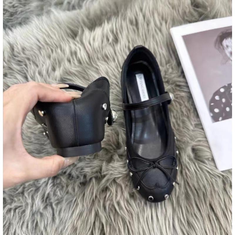 Increase Height 5cm Mary Jane Shoes Female Genuine Leather 2026 New Fashion Rivet Bow Ballet Shoes Women Round Toe Flats