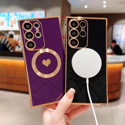 Plating Love Heart Silicone Phone Case for Samsung Galaxy S23 Ultra S22 S21 Plus FE Magsafe Wireless Charge Soft Cover