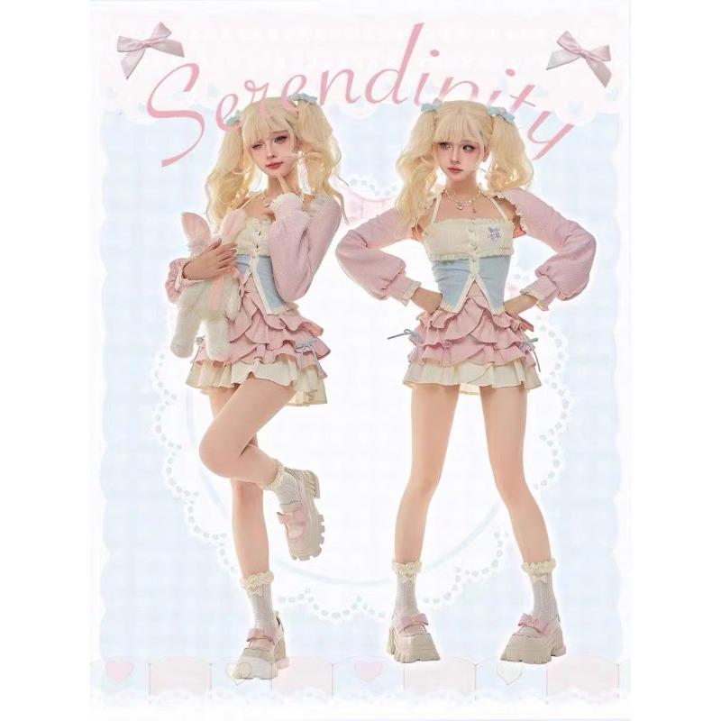 Noua culoare dulce contrastantă Lolita Set două piese femei mozaic atârnat gât piept top + cardigan scurt roz + fundă fustă tort costum fată