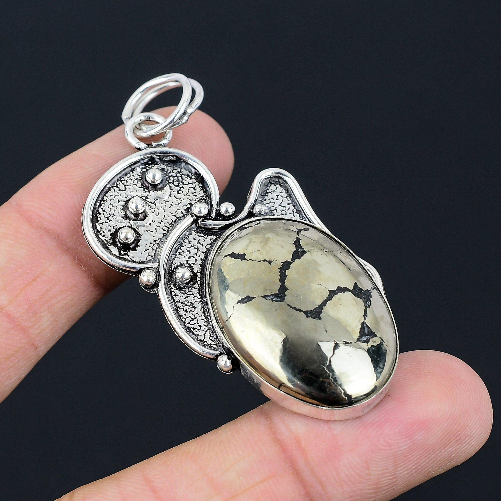 

Natural Pyrite Gemstone Pendant Gold Handmade 925 Sterling Silver Indian Jewelry