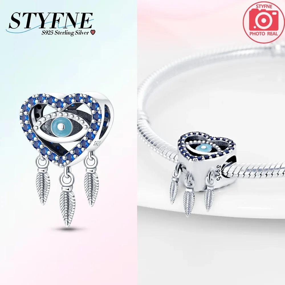 Original 925 Silver Blue Heart Demon Eye Pendant Fatima Hand Charm Bead Bracelet Women Jewelry Religion Gift