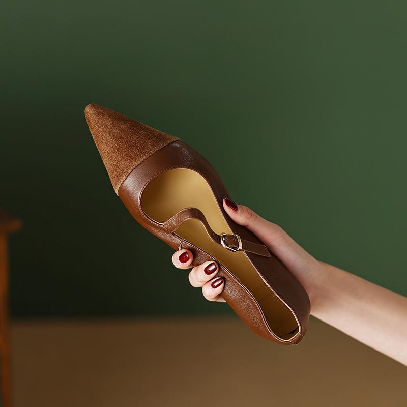 Vår Nye Ekte Skinn Damesko Retro Spiss Tå Pumps Skinn Ballerinas Sko Dame Hæler Dame Flatsko
