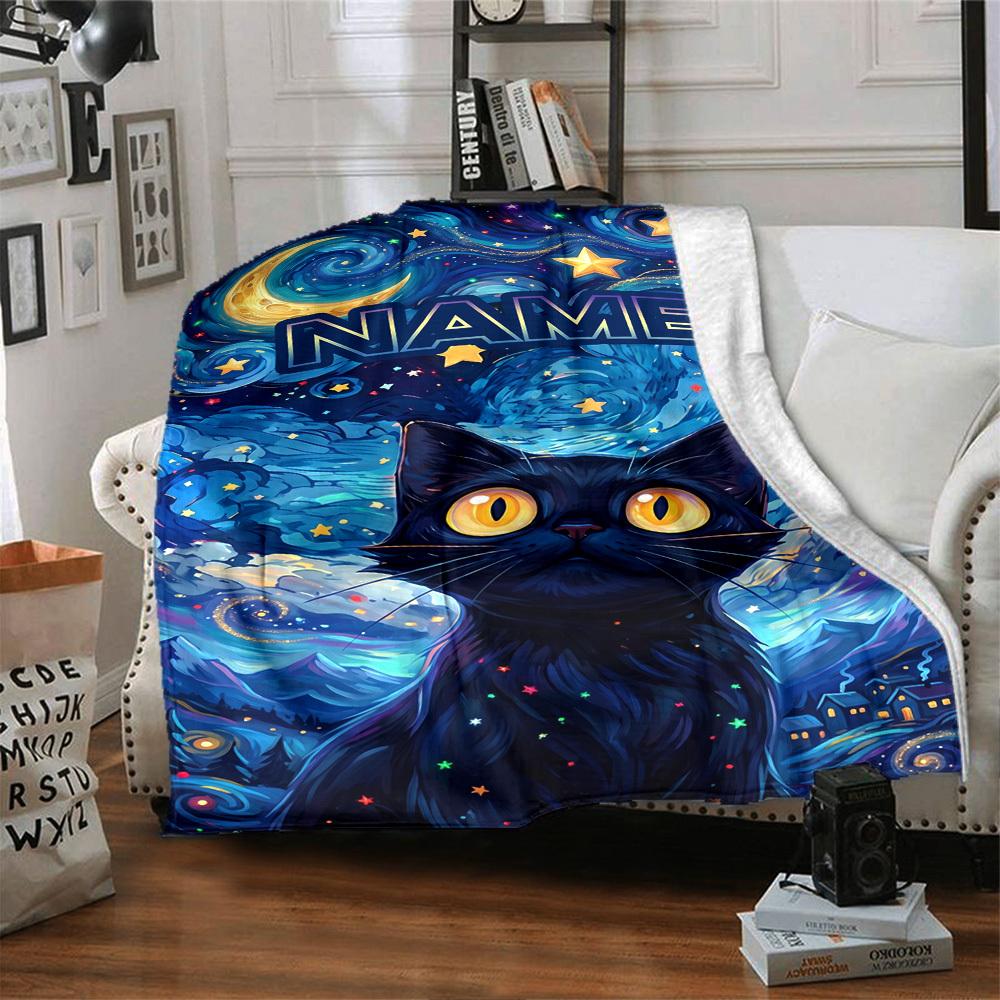 Cosmic Cat Night Sky Home Customize Your Name Blankets Soft Cozy Lightweight Allseason Multiuse Throw Perfect For Couch Office Bed Living Room Picnics