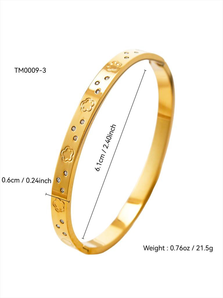 French Elegant Stainless Steel Cinquefoil, Double Stud Zirconia Bangle, Openwork Flower Bracelet Jewellery Set