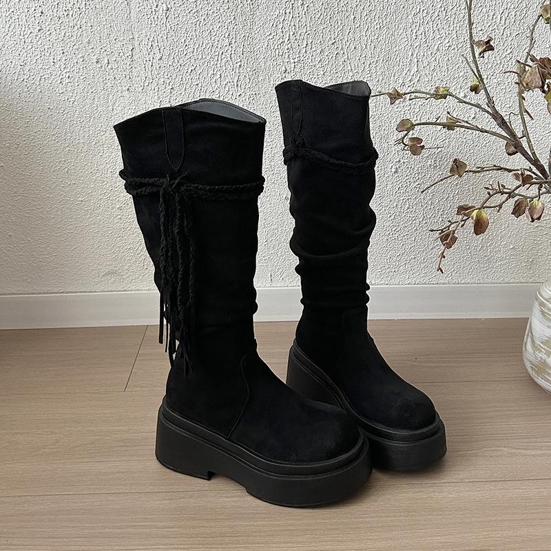 Pleated knight boots women's heightening wind flow Su weaving small man long boots piled up knees but tall wasteland thick bottom