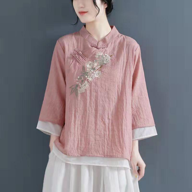 Chinese Ethnic Style Embroidered Cotton-Linen Frog Button Top for Women, Summer 2024, Stand Collar with Three-Quarter Sleeves.