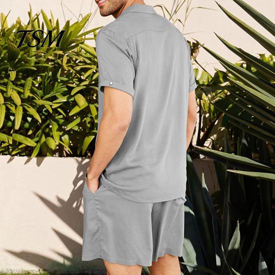 Men Shirt Set 2 Pcs/Set Summer Shorts Suit Solid Color Turn-down Collar Single-breasted Soft Tracksuit for Beach