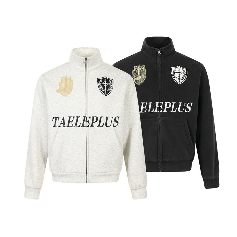 Mens 2026 American Vintage Wash Badge Print Stand Collar Zip Up Sweatshirt Jacket Casual Outerwear