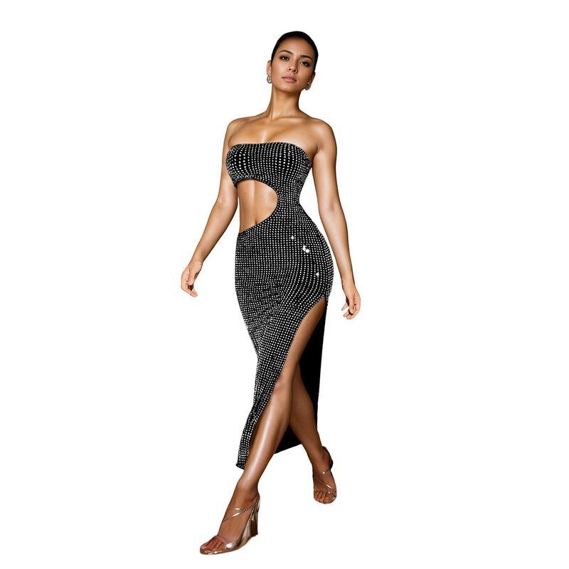 

Hot Stamping Dress Dress European and American Fashion Women clothes Hot Drilling Split Sexy Formal Dress Dress Dress C7057-Black S